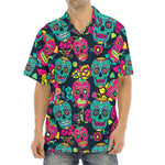Teal Pink Sugar Skull Pattern Print Aloha Shirt