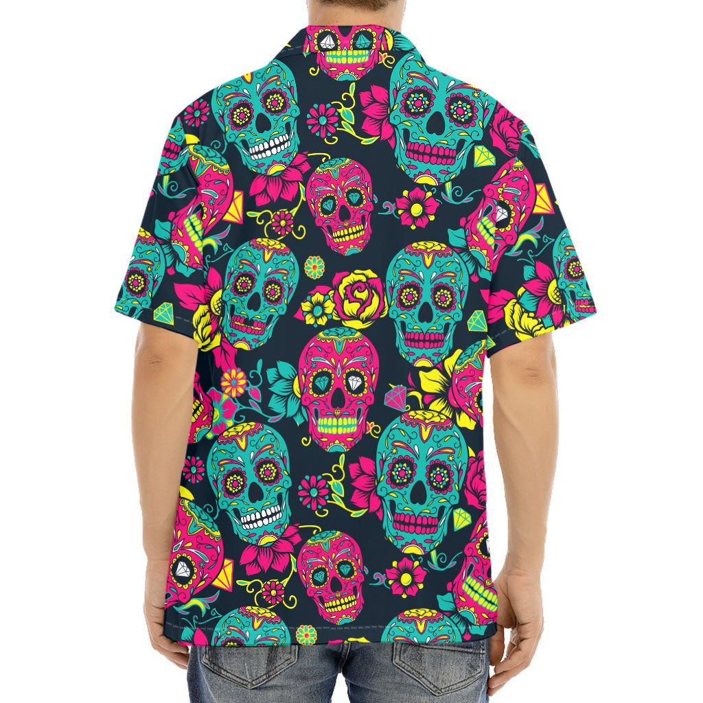 Teal Pink Sugar Skull Pattern Print Aloha Shirt
