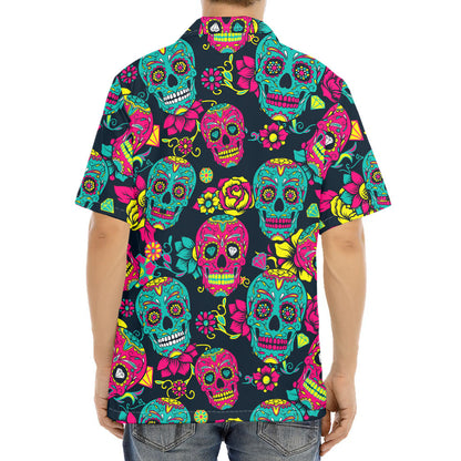 Teal Pink Sugar Skull Pattern Print Aloha Shirt