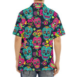 Teal Pink Sugar Skull Pattern Print Aloha Shirt
