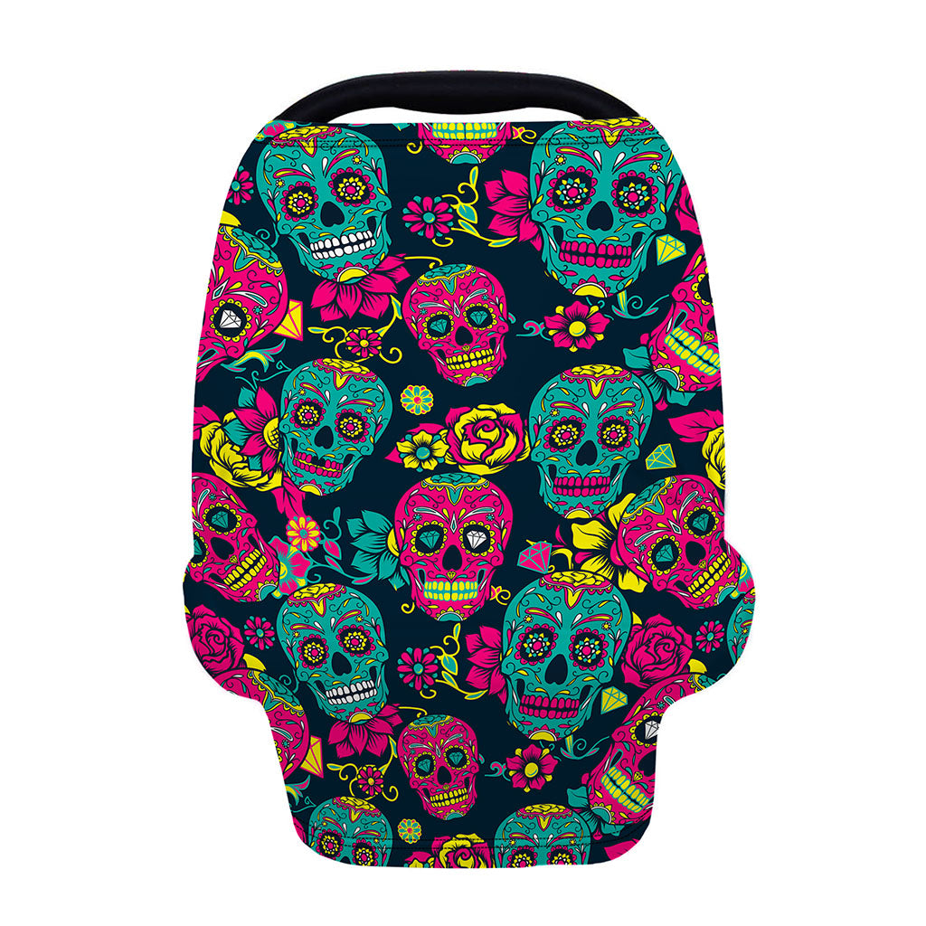 Teal Pink Sugar Skull Pattern Print Baby Seat Cover