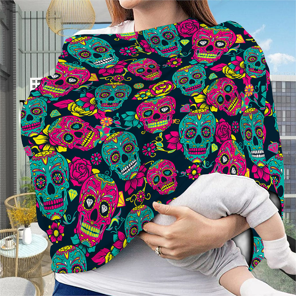 Teal Pink Sugar Skull Pattern Print Baby Seat Cover