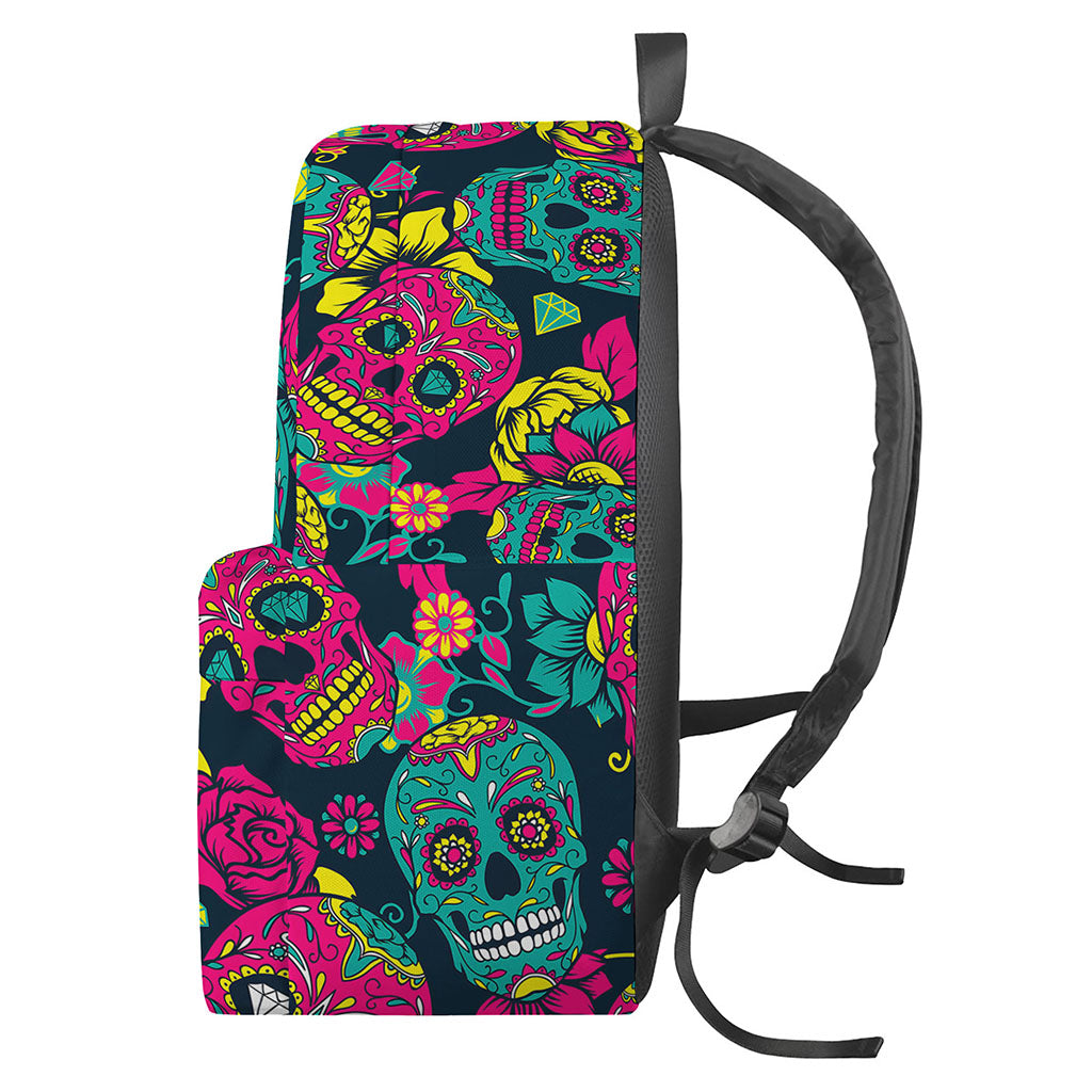 Teal Pink Sugar Skull Pattern Print Backpack