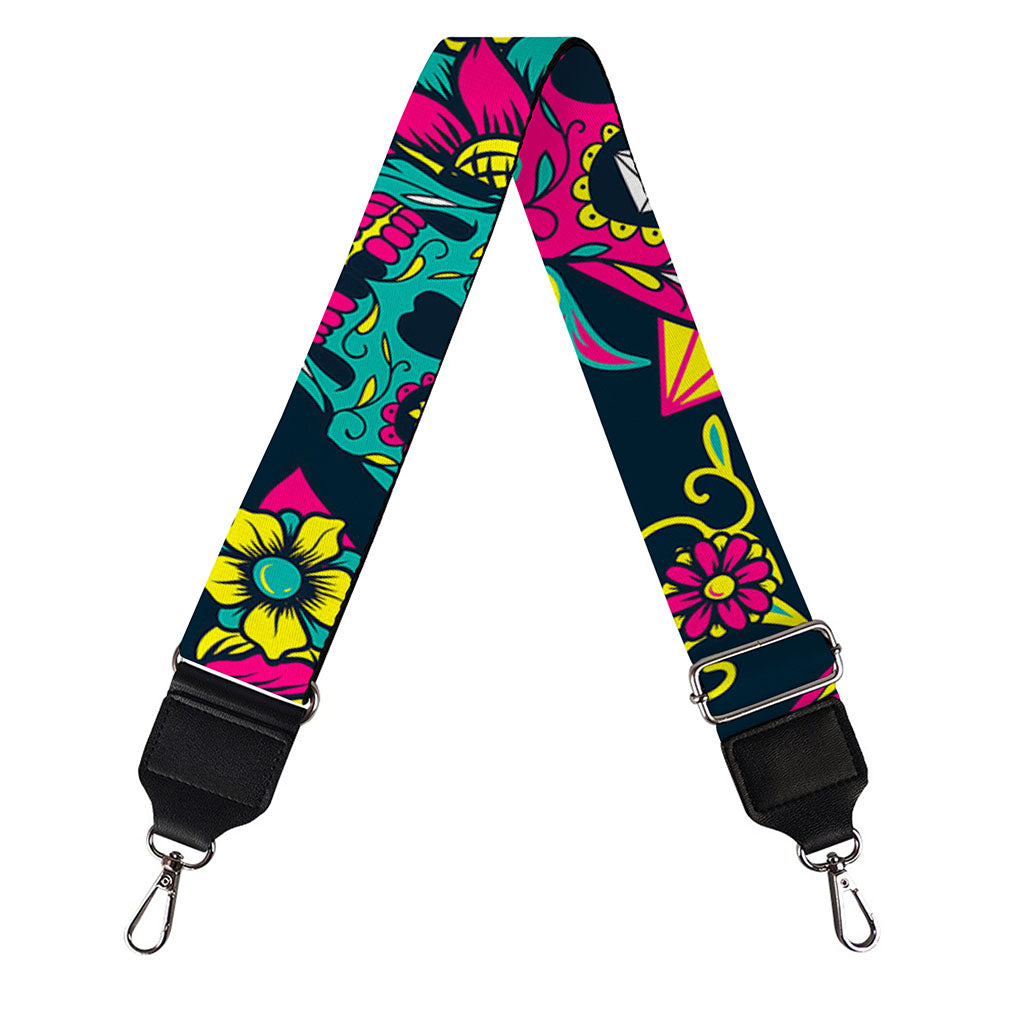 Teal Pink Sugar Skull Pattern Print Bag Strap