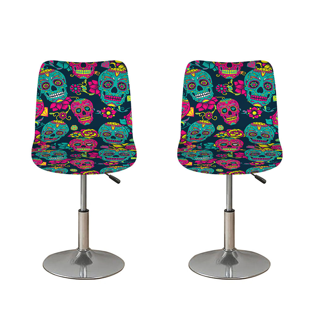 Teal Pink Sugar Skull Pattern Print Bar Stool Covers