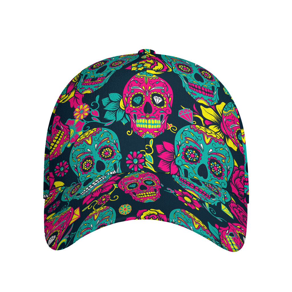 Teal Pink Sugar Skull Pattern Print Baseball Cap