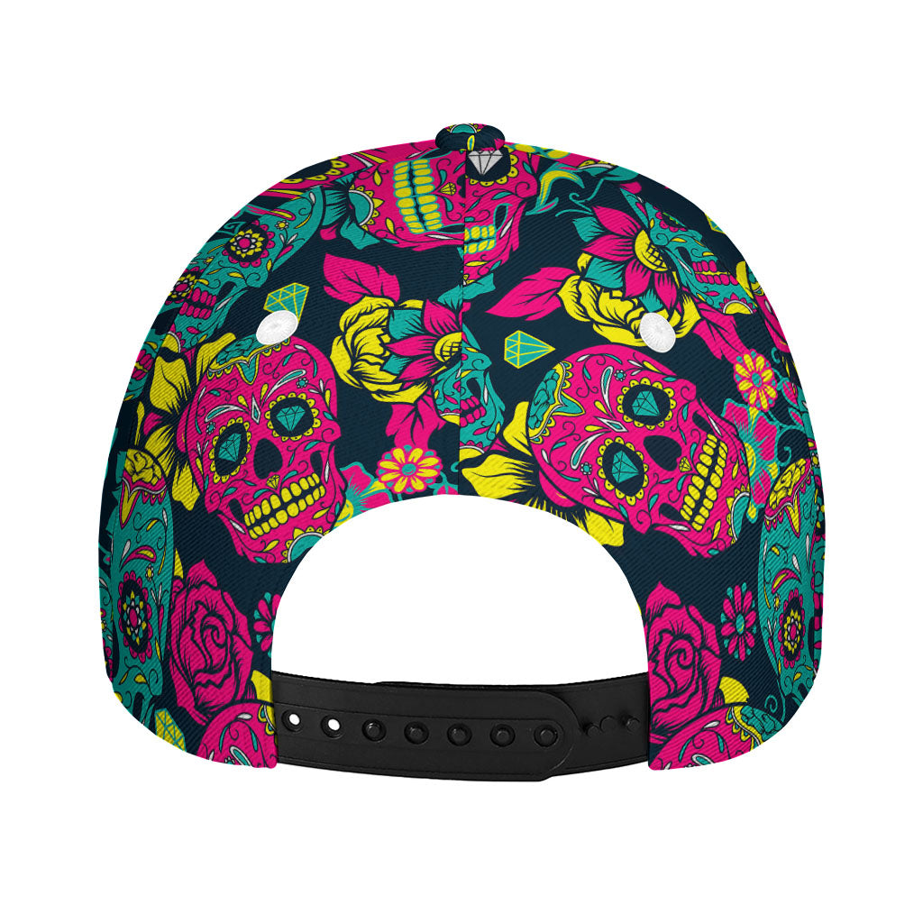 Teal Pink Sugar Skull Pattern Print Baseball Cap