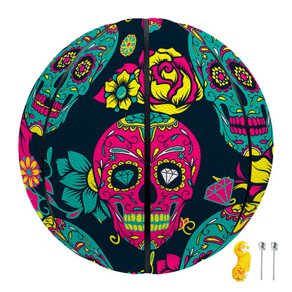 Teal Pink Sugar Skull Pattern Print Basketball