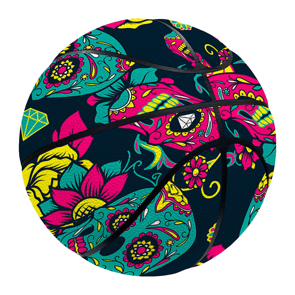 Teal Pink Sugar Skull Pattern Print Basketball