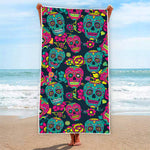 Teal Pink Sugar Skull Pattern Print Beach Towel