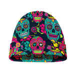 Teal Pink Sugar Skull Pattern Print Beanie