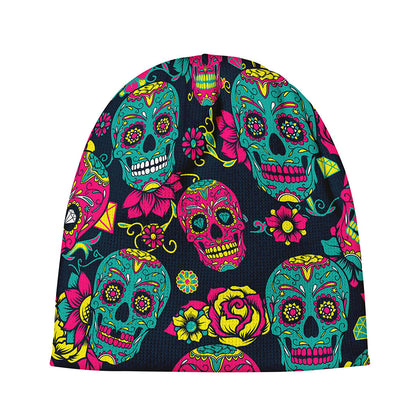 Teal Pink Sugar Skull Pattern Print Beanie