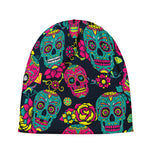 Teal Pink Sugar Skull Pattern Print Beanie