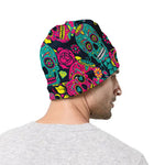 Teal Pink Sugar Skull Pattern Print Beanie