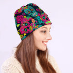 Teal Pink Sugar Skull Pattern Print Beanie