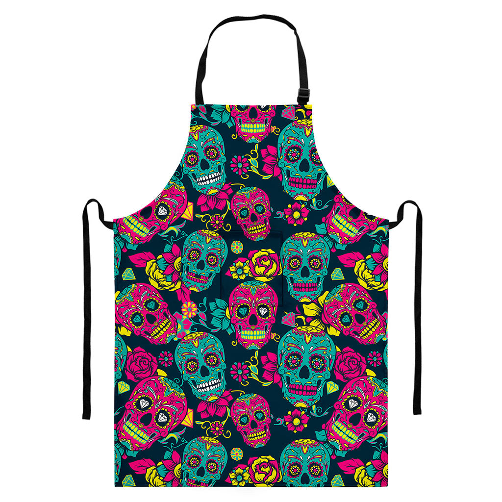 Teal Pink Sugar Skull Pattern Print Bib Apron With Pocket