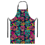 Teal Pink Sugar Skull Pattern Print Bib Apron With Pocket