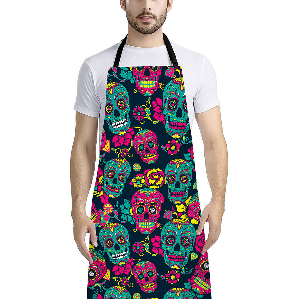 Teal Pink Sugar Skull Pattern Print Bib Apron With Pocket