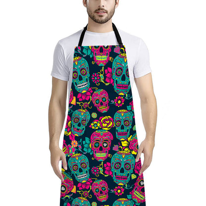 Teal Pink Sugar Skull Pattern Print Bib Apron With Pocket