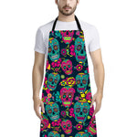 Teal Pink Sugar Skull Pattern Print Bib Apron With Pocket