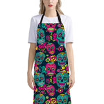 Teal Pink Sugar Skull Pattern Print Bib Apron With Pocket