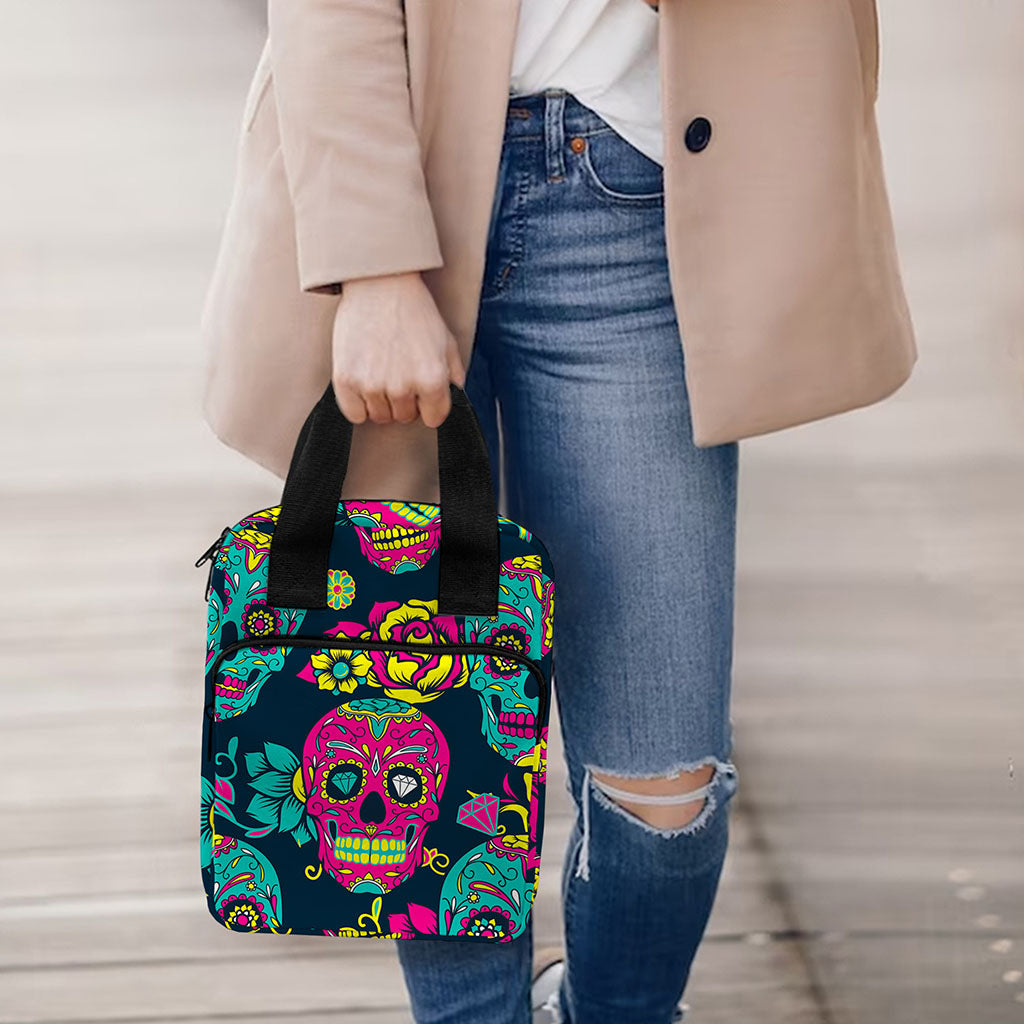 Teal Pink Sugar Skull Pattern Print Bible Tote Bag