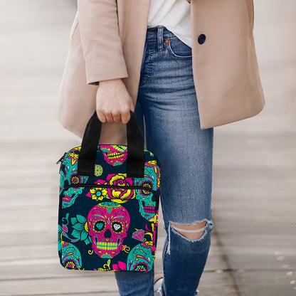 Teal Pink Sugar Skull Pattern Print Bible Tote Bag