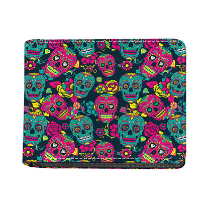 Teal Pink Sugar Skull Pattern Print Bifold Wallet