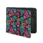 Teal Pink Sugar Skull Pattern Print Bifold Wallet