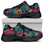 Teal Pink Sugar Skull Pattern Print Black Chunky Shoes
