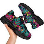 Teal Pink Sugar Skull Pattern Print Black Chunky Shoes