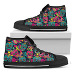 Teal Pink Sugar Skull Pattern Print Black High Top Sneakers