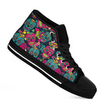 Teal Pink Sugar Skull Pattern Print Black High Top Sneakers