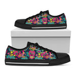 Teal Pink Sugar Skull Pattern Print Black Low Top Sneakers