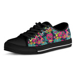 Teal Pink Sugar Skull Pattern Print Black Low Top Sneakers