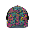 Teal Pink Sugar Skull Pattern Print Black Mesh Trucker Hat