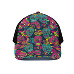 Teal Pink Sugar Skull Pattern Print Black Mesh Trucker Cap