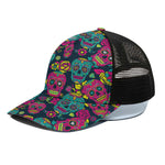 Teal Pink Sugar Skull Pattern Print Black Mesh Trucker Cap