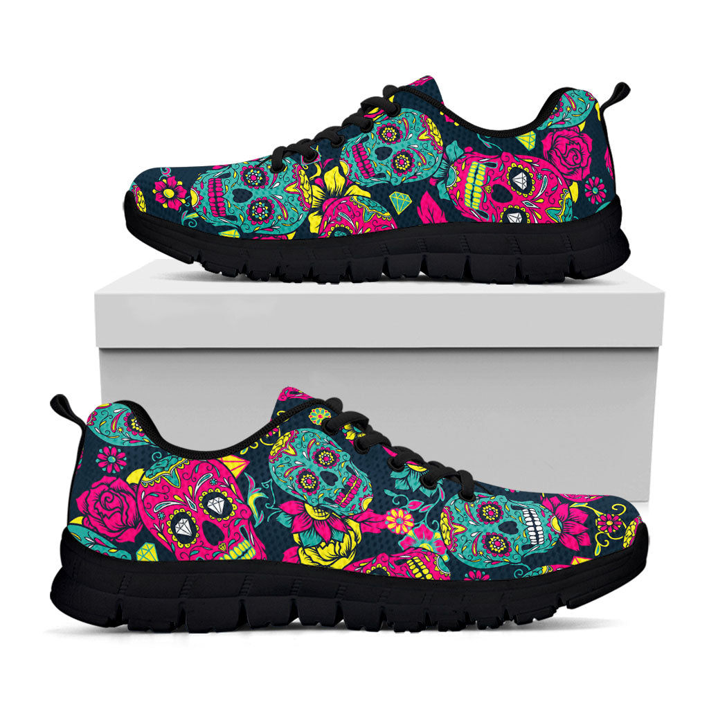 Teal Pink Sugar Skull Pattern Print Black Running Shoes