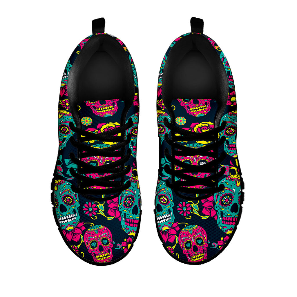 Teal Pink Sugar Skull Pattern Print Black Running Shoes