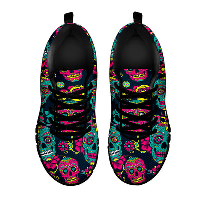 Teal Pink Sugar Skull Pattern Print Black Running Shoes
