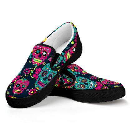 Teal Pink Sugar Skull Pattern Print Black Slip On Sneakers