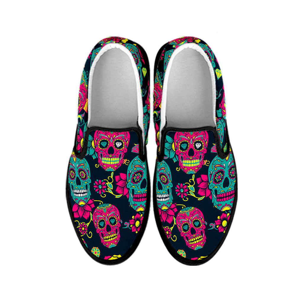 Teal Pink Sugar Skull Pattern Print Black Slip On Sneakers