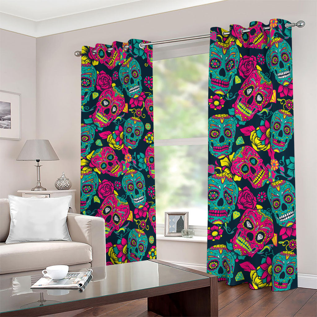 Teal Pink Sugar Skull Pattern Print Blackout Grommet Curtains