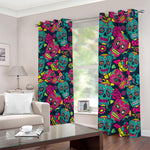 Teal Pink Sugar Skull Pattern Print Blackout Grommet Curtains
