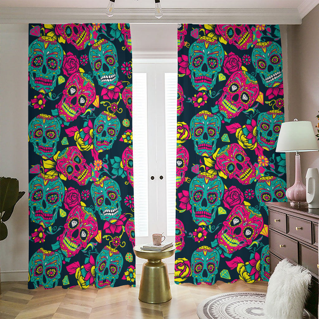 Teal Pink Sugar Skull Pattern Print Blackout Pencil Pleat Curtains