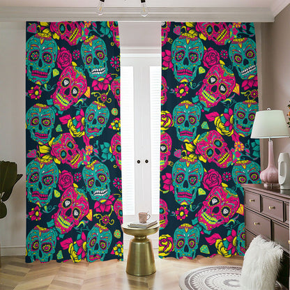 Teal Pink Sugar Skull Pattern Print Blackout Pencil Pleat Curtains