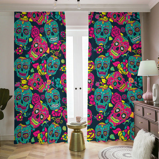 Teal Pink Sugar Skull Pattern Print Blackout Pencil Pleat Curtains
