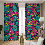 Teal Pink Sugar Skull Pattern Print Blackout Pencil Pleat Curtains