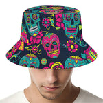 Teal Pink Sugar Skull Pattern Print Bucket Hat